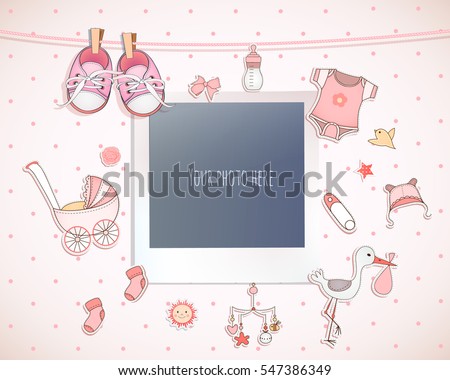 Baby girl shower card. Arrival card with place for your photo.