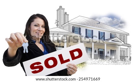 Hispanic Woman Holding Keys And Sold Sign Over House Drawing Photo Combination On White Hispanic Woman Holding Keys And Sold Sign Over House Drawing Photo Combination On White