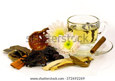 Chinese Tea with Chinese Herbal Medicine on White Background.