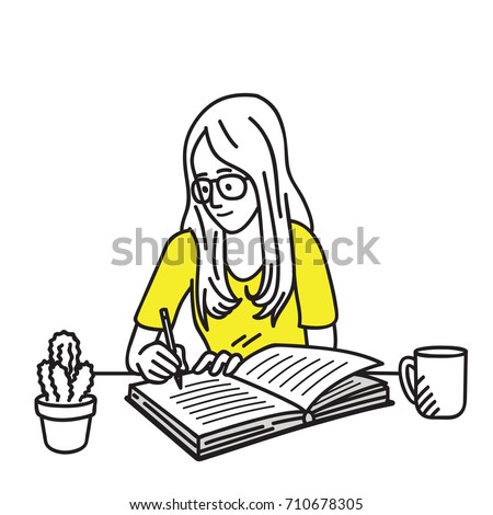 Happy and smiling pretty young girl with glasses, writing diary on her working desk. Vector illustration character, cartoon, outline, thin art line, linear, hand drawn sketch design, simple style.