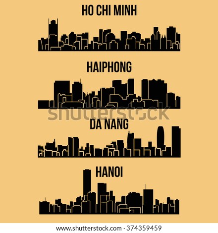 Set of 4 City silhouette in Vietnam ( Ho Chi Minh, Hanoi, Da Nang, Haiphong )