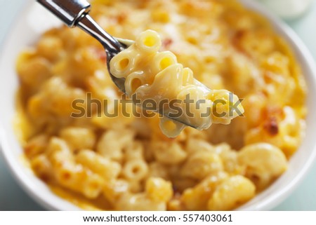 Mac and cheese, american style macaroni pasta in cheesy sauce