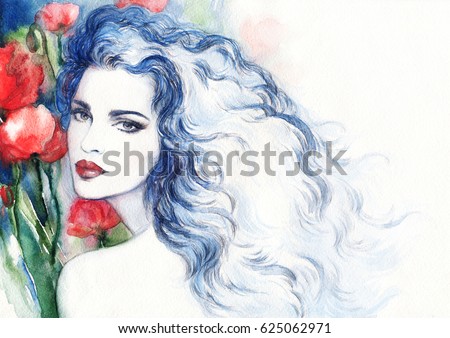 https://thumb7.shutterstock.com/display_pic_with_logo/1023454/625062971/stock-photo-beautiful-woman-with-flowers-fashion-illustration-watercolor-painting-625062971.jpg
