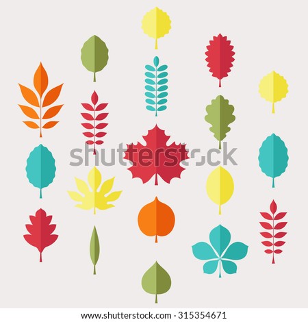 Flat vector illustration: Silhouettes of tree leaves (elm, beech, ash, linden, birch, alder, aspen, willow, maple, poplar, rowan, hawthorn, walnut, apple, oak etc.) isolated on light gray background