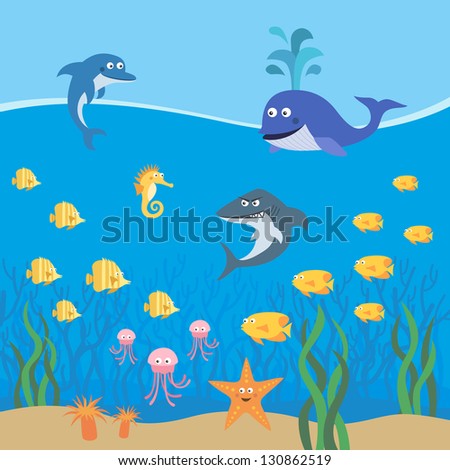 Cute Cartoon Sea Animals Swimming Under Stock Vector 431790097