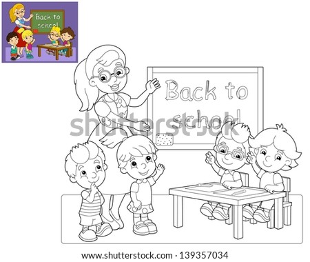 Coloring Page Classroom Illustration Children Stock Illustration