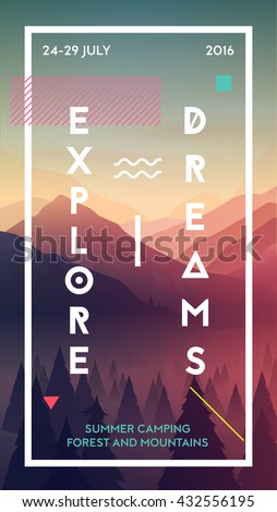 Modern motivational poster template with forest and mountains. Trendy typographic and design elements. Vector illustration
