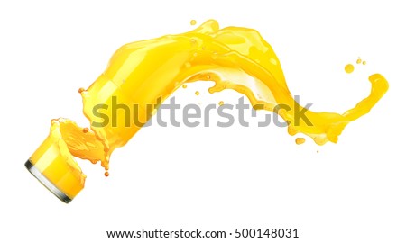 splashing orange juice with oranges against white background