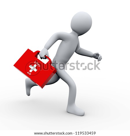 3d illustration of person running with first aid box. 3d rendering of ...