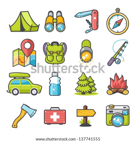 Camping icons set. Happy series - stock vector