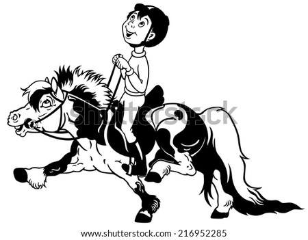 cartoon boy riding pony horse, equestrian sport, black and white side ...