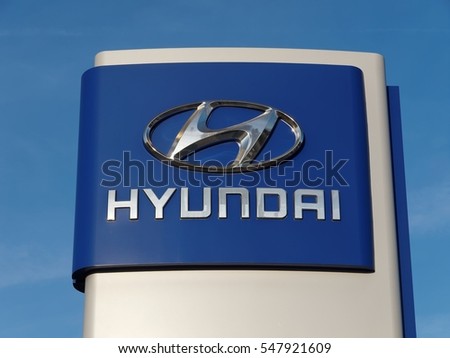 PITESTI, ROMANIA - JANUARY 02, 2017. Hyundai sign at the entrance of the showroom building. The Hyundai Motor Company is a multinational automotive manufacturer headquartered in Seoul, South Korea.