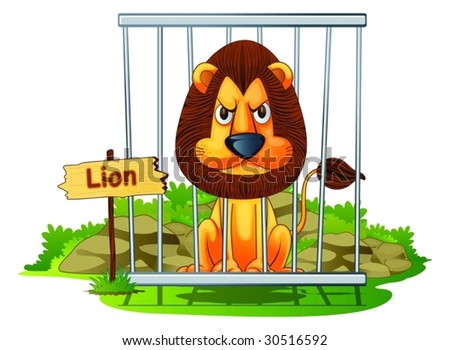 Illustration of lion in cage on white - stock vector