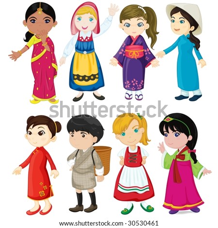 Traditional Costumes Clothing World Cartoon Girls Stock Vector ...