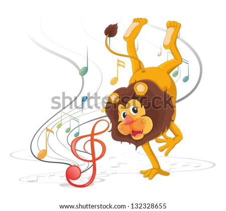 Illustration of a lion dancing with musical notes on a white background