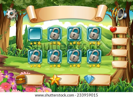 Set of game elements and icons with nature theme