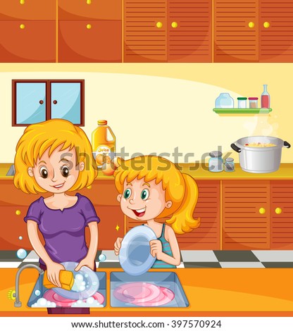 Girl helping mom doing dishes illustration