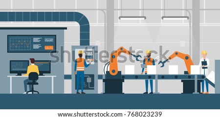 Efficient smart factory with workers, robots and assembly line, industry 4.0 and technology concept