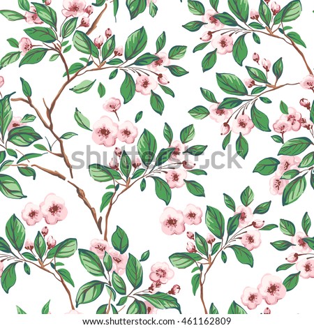 Seamless pattern of pink flowers and green leaves on a white background.