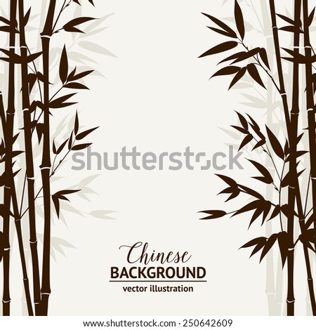 Bamboo forest over fog sky on backside, design card. Vector illustration.