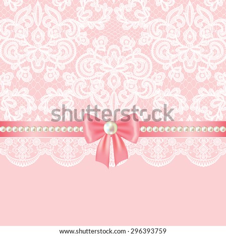 Wedding invitation or greeting card with pearl border on lace background