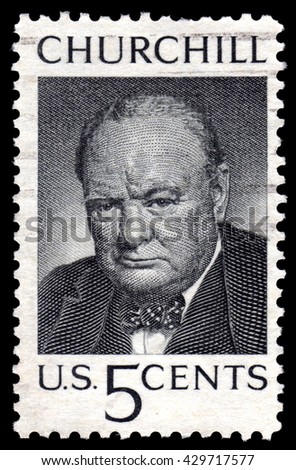 London, UK, August 8 2010 - Vintage circa 1965 United States of America cancelled postage stamp showing a portrait image Winston Churchill