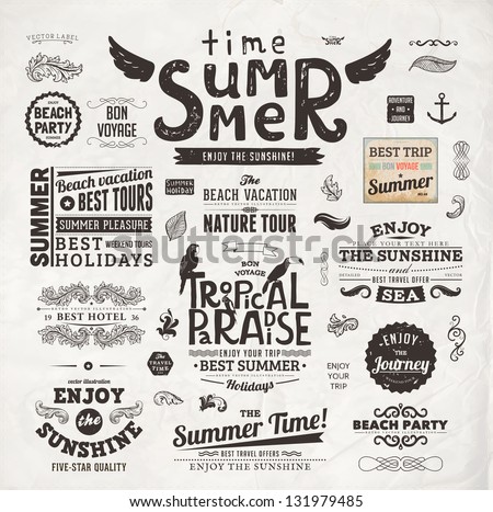 Retro elements for Summer calligraphic designs | Vintage ornaments | All for Summer holidays | tropical paradise, sea, sunshine, weekend tour, beach vacation, bon voyage, adventure labels | vector set