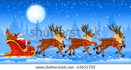 christmas santa claus riding on sleigh with reindeers by snow vector illustration - Christmas Santa Reindeer christmas santa claus riding on sleigh with reindeers by snow vector illustration - Christmas Santa Reindeer