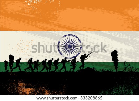 Silhouette of soldiers fighting at war with India flag as a background