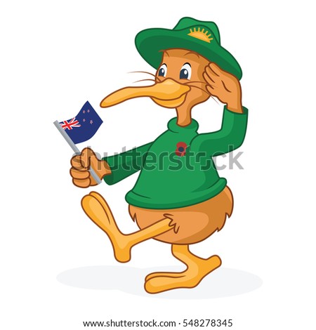 Kiwi cartoon in soldier uniform on Anzac Day