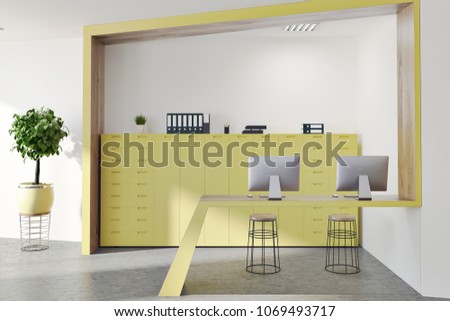 White Yellow Office Interior Reception Desk Stock