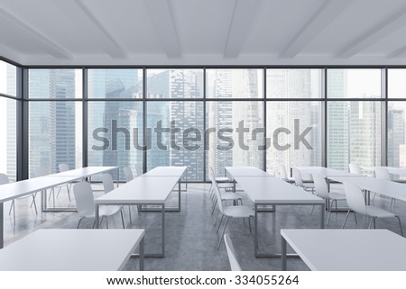 A modern panoramic classroom with singapore view white tables and white chairs 3d rendering A modern panoramic classroom with singapore view white tables and white chairs 3d rendering