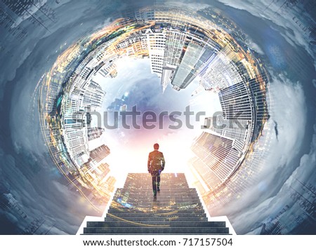 Fisheye cityscape with a cloudy sky in the center. Bright sun is shining. Businessman ascending the stairs. Toned image mock up