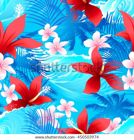 Tropical Red Hibiscus Flowers Surfing Wave Vectores En Stock 450503974