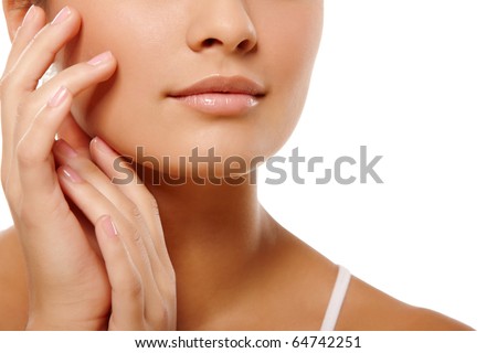 Anonymous portrait of young woman head and hands over isolated white background