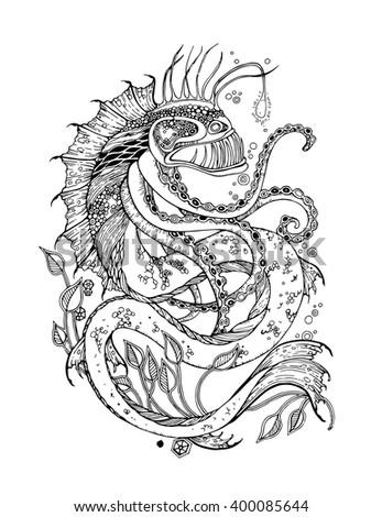 adult coloring page sea monster vector stock vector