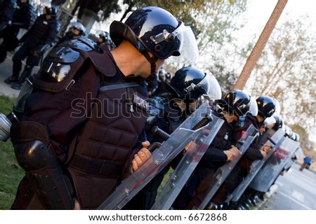Special police forces cordon at the demonstration, blocking street protests