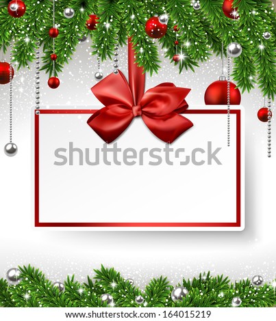 Holiday background with fir twigs and paper invitation card. Vector illustration.