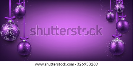 Abstract elegant banner with purple christmas balls and place for text. Vector illustration.