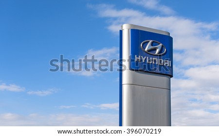 Novokuznetsk, Russia - March 22, 2016: Hyundai dealership logo. Hyundai Motor Company a South Korean automotive manufacturer.