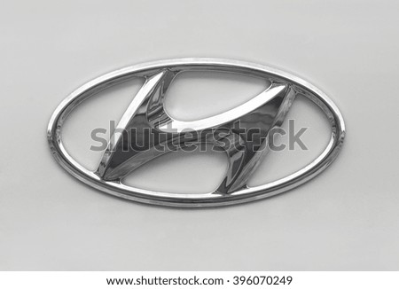 Novokuznetsk, Russia - March 22, 2016: Logotype of Hyundai corporation on car Hyundai Accent (Solaris)
