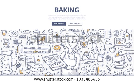 Doodle vector illustration of a baker demonstrating fresh bread on a tray. Bakery production, bread shop and baking concept for web banners, hero images, printed materials