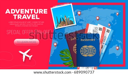 Adventure Travel Banner Business Trip Passport With Tickets Illustration 30 Adventure Travel Banner Business Trip Passport With Tickets Illustration 30