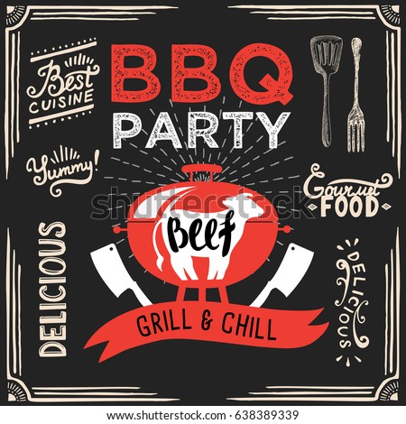 Barbecue party invitation. Design template with hand-drawn graphic elements in doodle style.