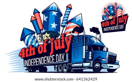 Fast Moving American Truck With a Big Heap of Firework Rockets in its Trailer. Cartoon illustration