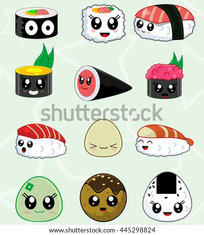 Cute Kawaii Sushi Set Restaurant Menu Stock Vector 445298824 - Shutterstock