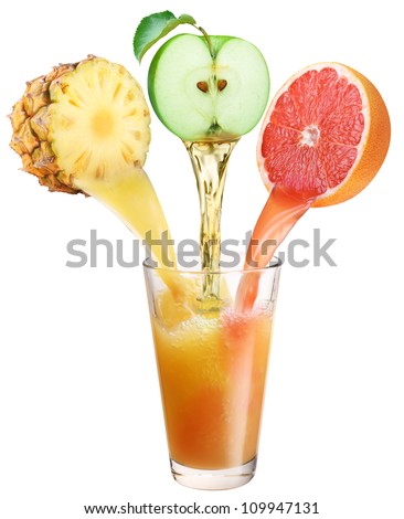 Juice flowing from fruits into the glass. File contains the path to cut.