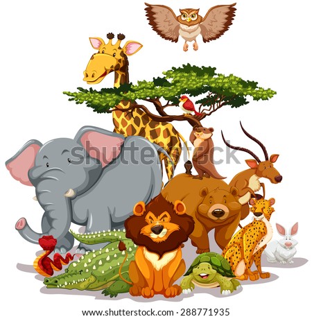 Group of wild animals gathering near a tree