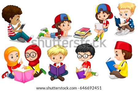 Boys and girls reading books illustration