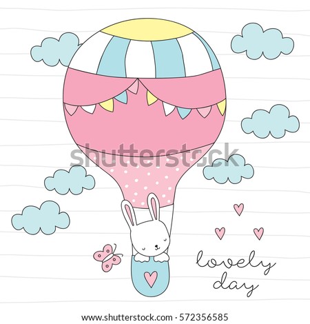 cute bunny in air balloon vector illustration